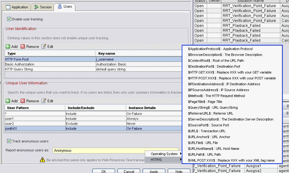 An example of configuring anonymous user tracking in the Application Management Configuration Editor.
