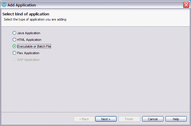 The Add Application window with the Executable or Batch File radio button selected.