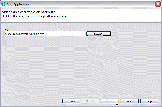 The Add Application window showing the directory path and file name for the selected calc.exe program.