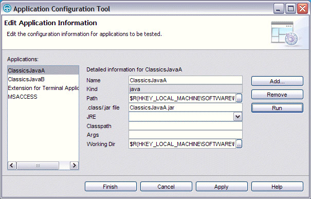 The RFT Application Configuration Tool dialog