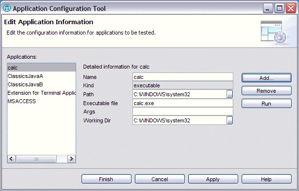 The Application Configuration Tool window showing the calc.exe program added to the list of configured applications.