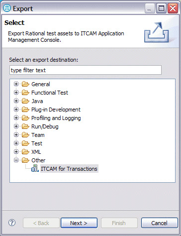The Export window showing the selection of ITCAM for Transactions under Other.