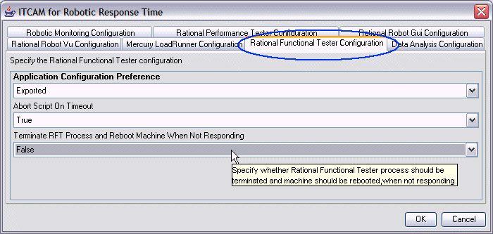 The Rational Functional Tester Configuration tab during reconfiguration of the Robotic Response Time agent in the Manage Tivoli Enterprise Monitoring Services console.