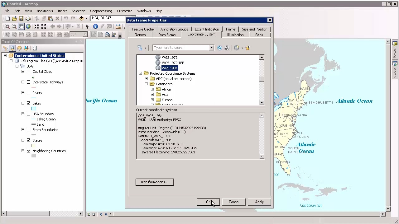 Selecting WGS 1984 from the Coordinate Systems tab in the Data Frame Properties window