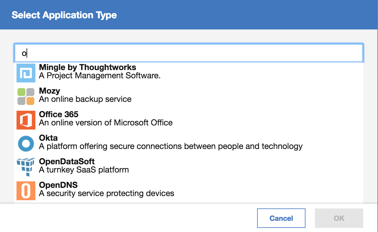 Select Application Type window