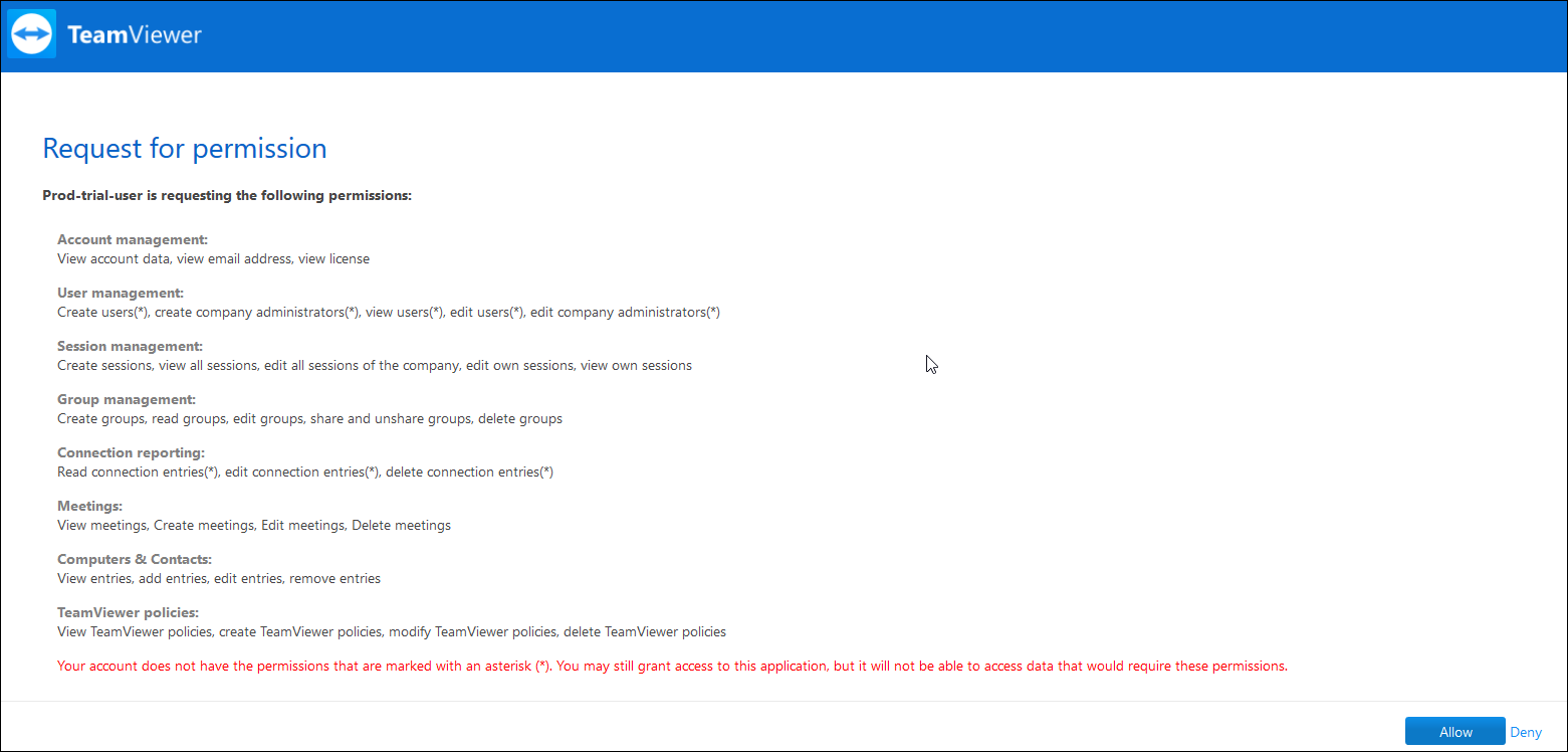 TeamViewer request for permission page