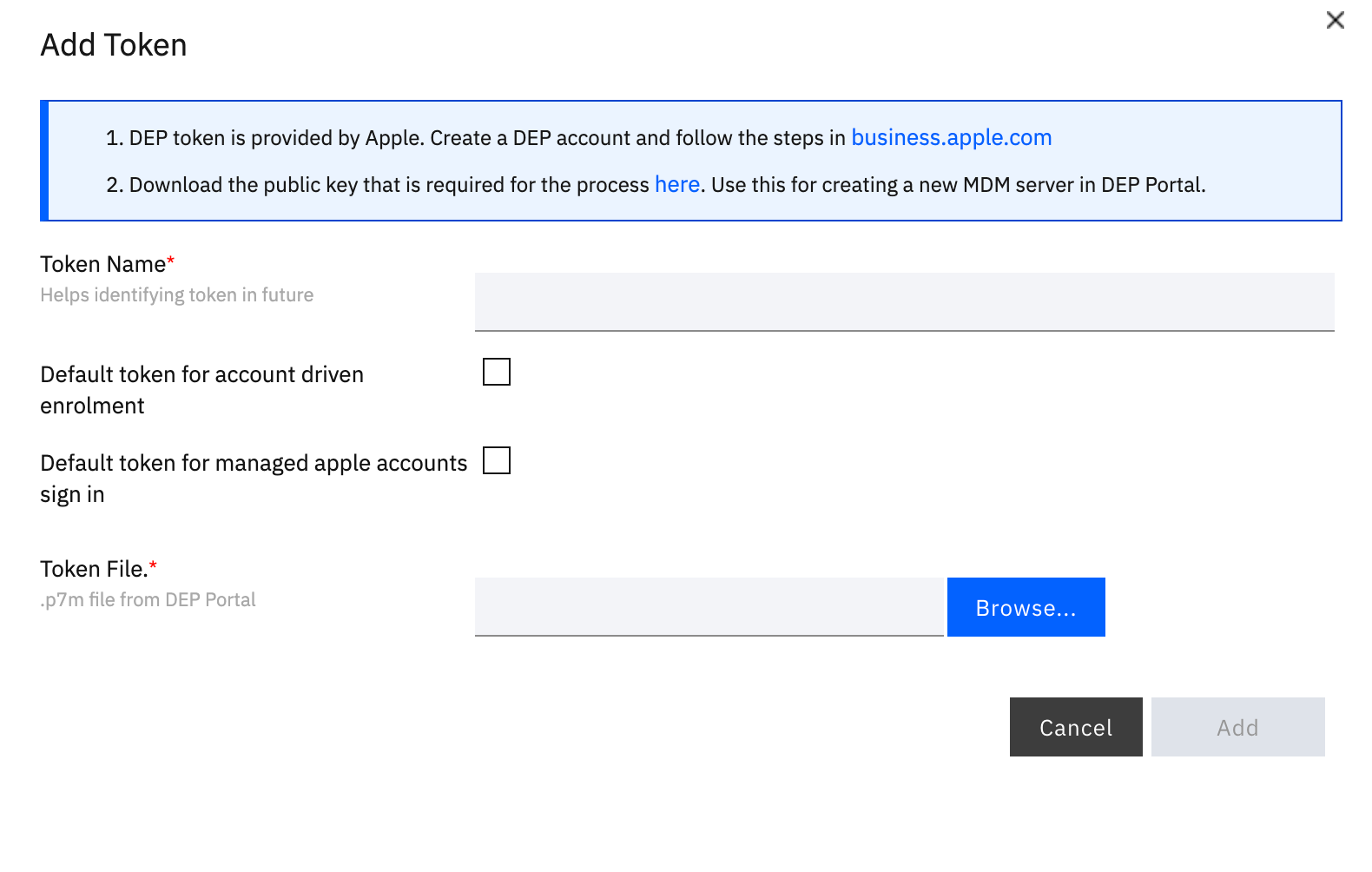 Viewing an example of adding a DEP token in the MaaS360 portal