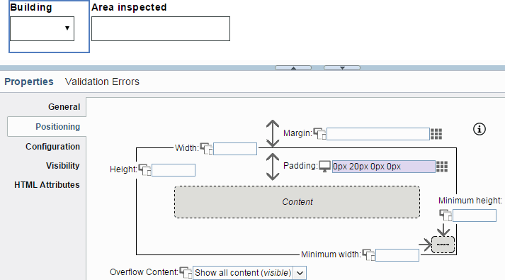 Right padding set to 20 pixels in the positioning properties for the Building select view