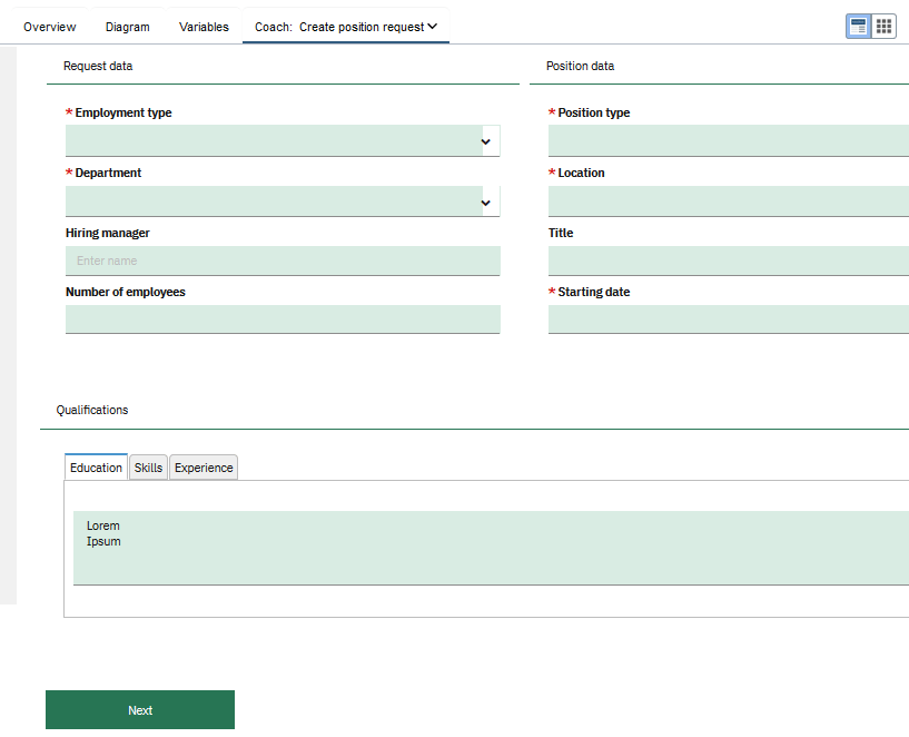 The coach has green section headers for example