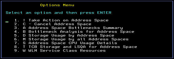 Action Command Menu with a numbered list of available actions preceded by their action codes