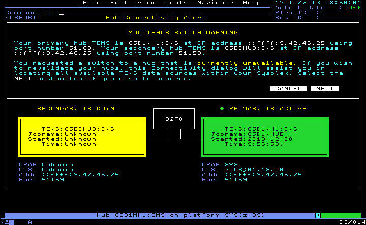 Hub Connectivity Alert Multi-Hub Switch Warning workspace.