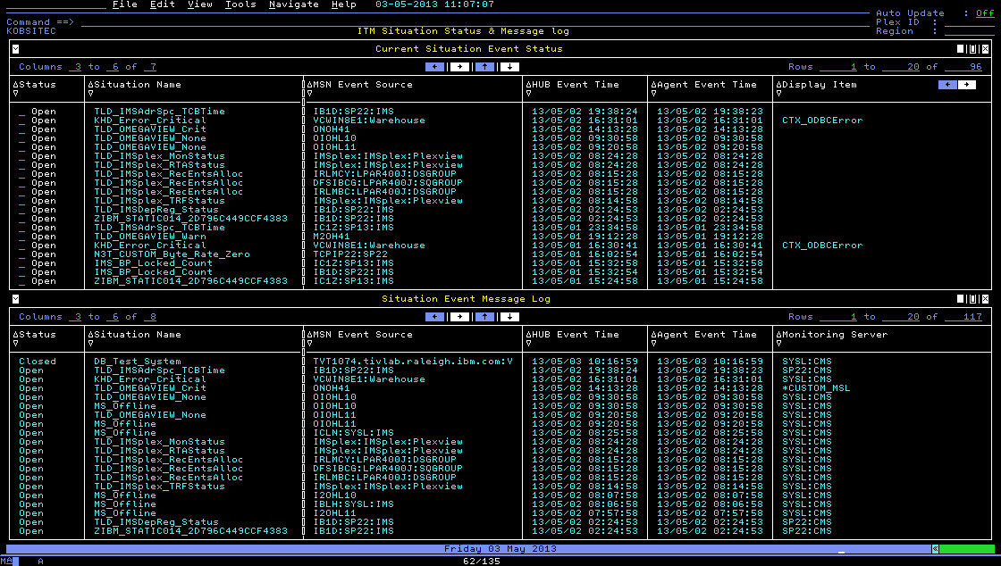 ITM Situation Status & Message log workspace