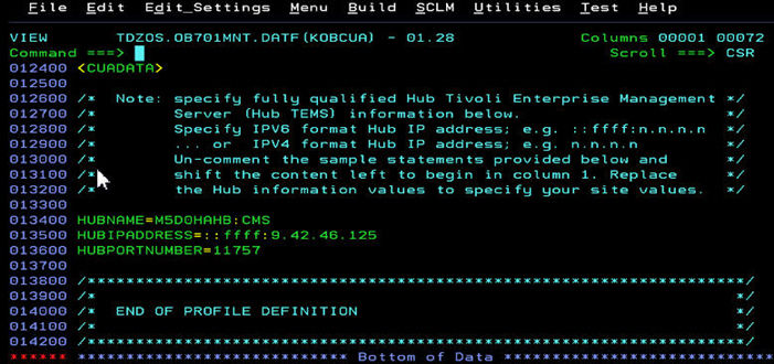 CUADATA profile definition that is shown during the configuration process at installation time