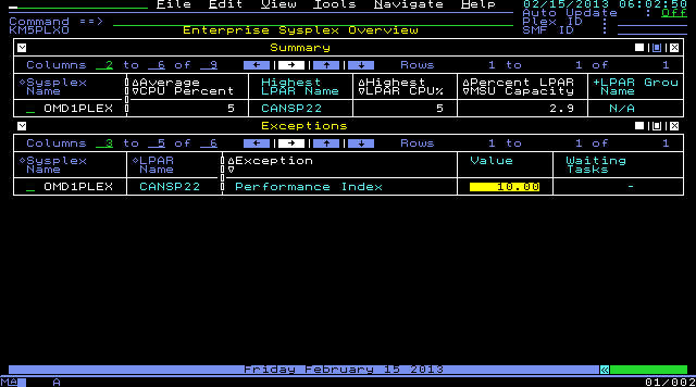 Enterprise Sysplex Overview workspace with the Value column of the Exceptions subpanel highlighted in yellow