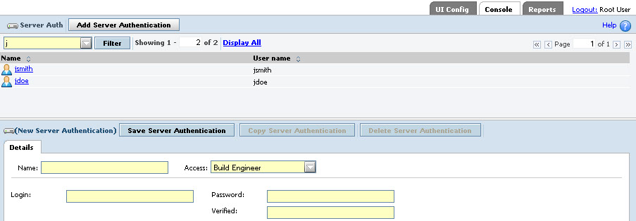 Screen image of the Server Authentication panel