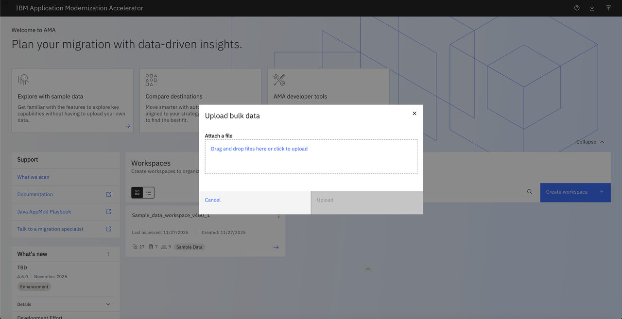 A modal is displayed allowing user to upload the zip file