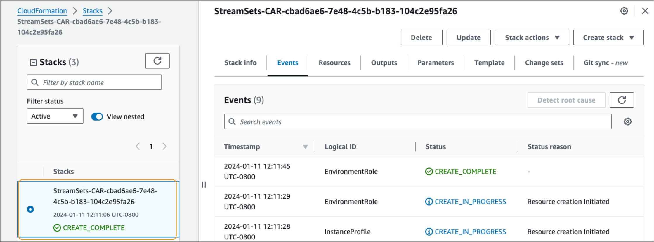 CloudFormation stack with a Create Complete status