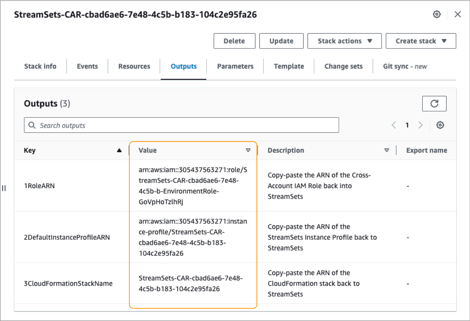 Values to copy from the CloudFormation stack Outputs tab
