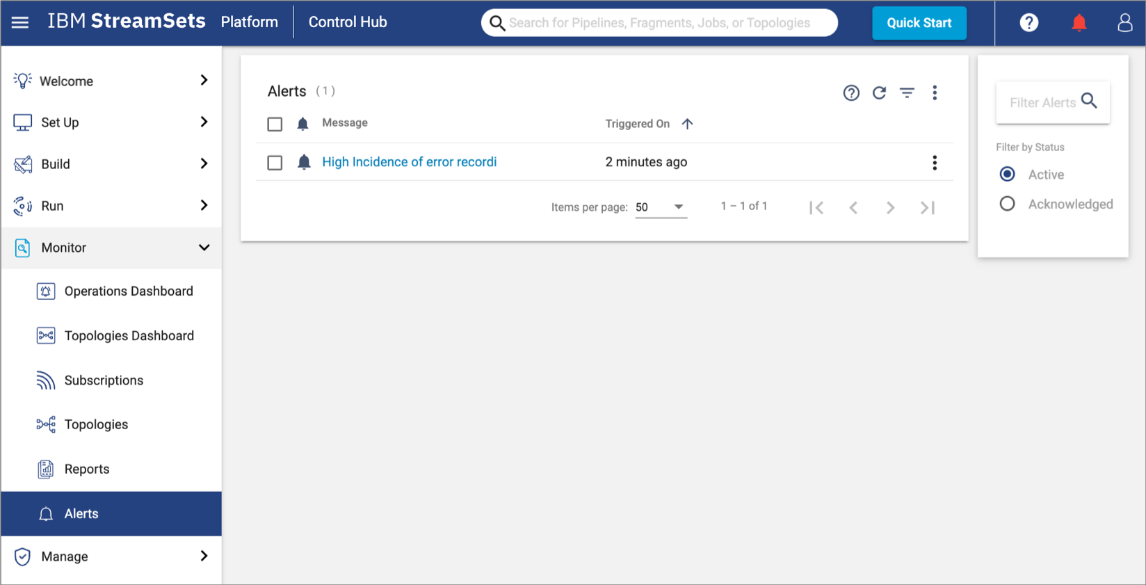 Active alert displayed in the Alerts view