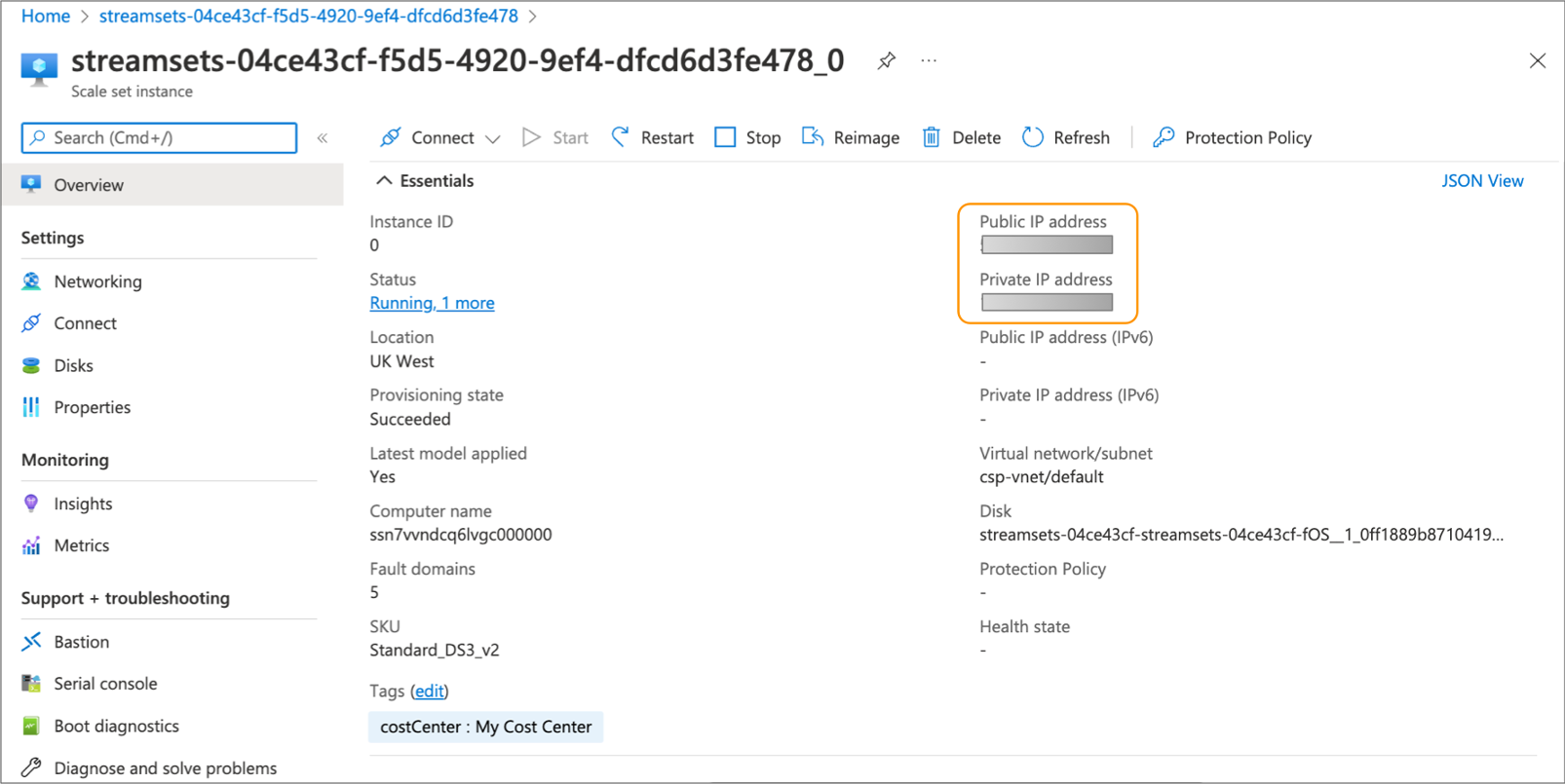 Sample Azure VM instance details page