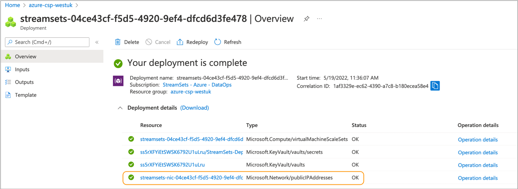 Deployment details displaying the public IP addresses