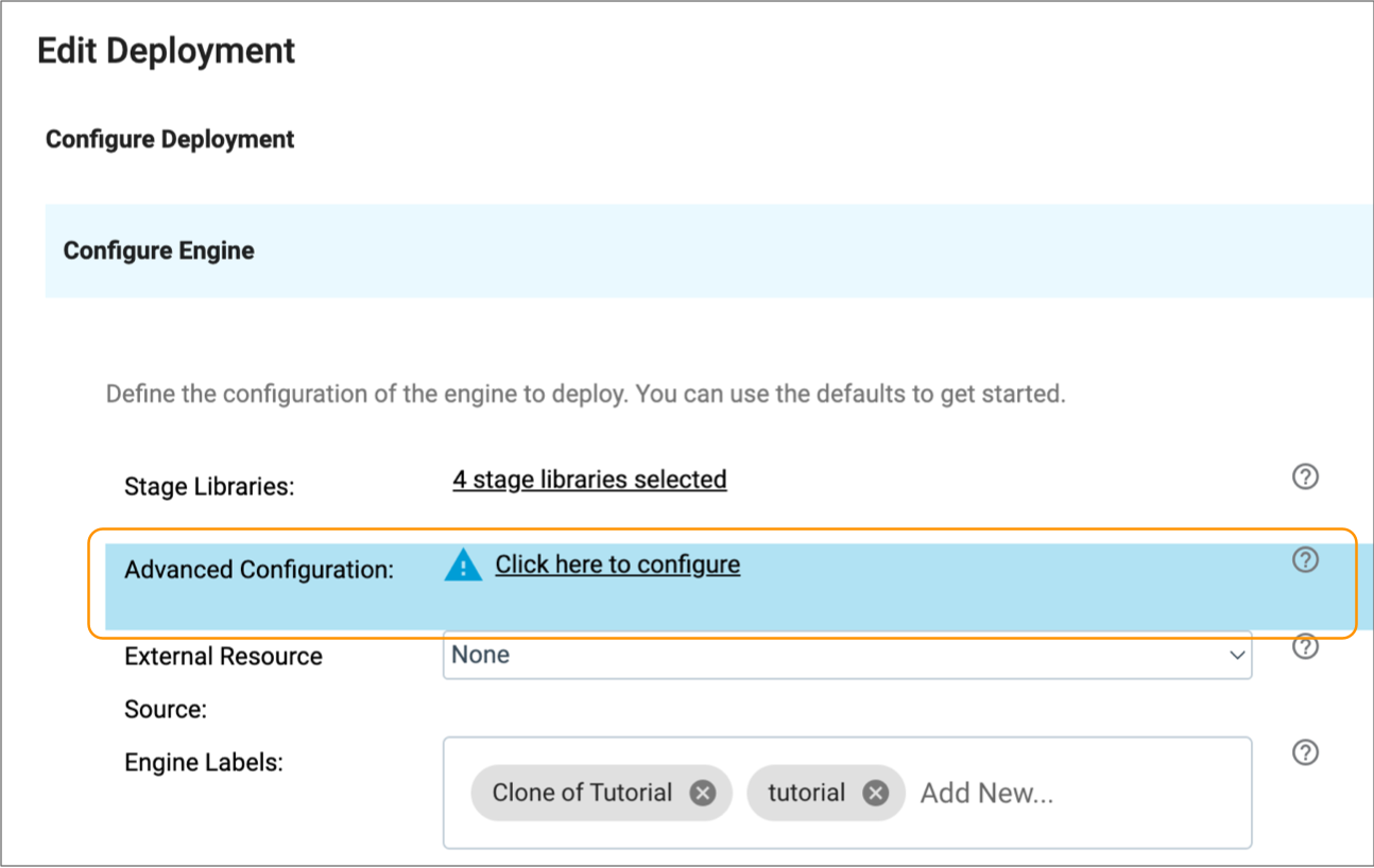 Warning icon displayed next to the Advanced Configuration property