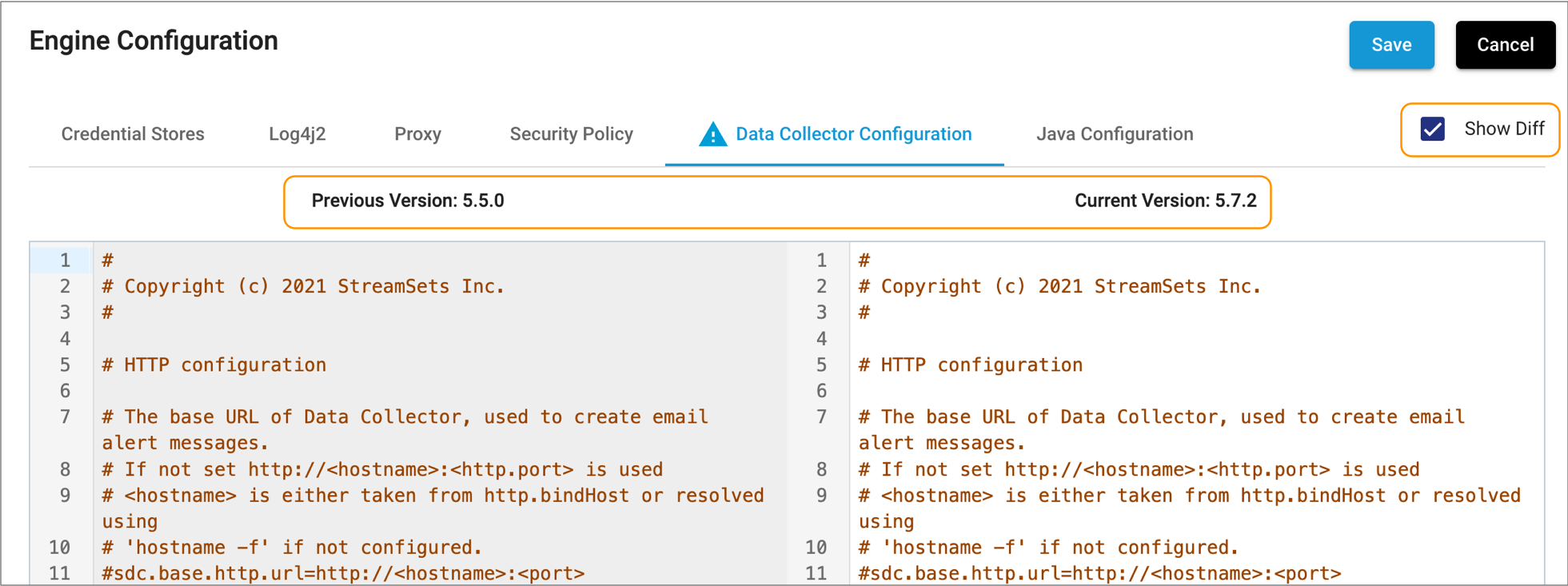 Configuration properties from the different versions displayed side by side