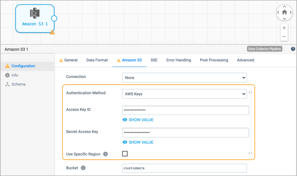 Amazon S3 tab for an Amazon S3 origin when no connection is selected
