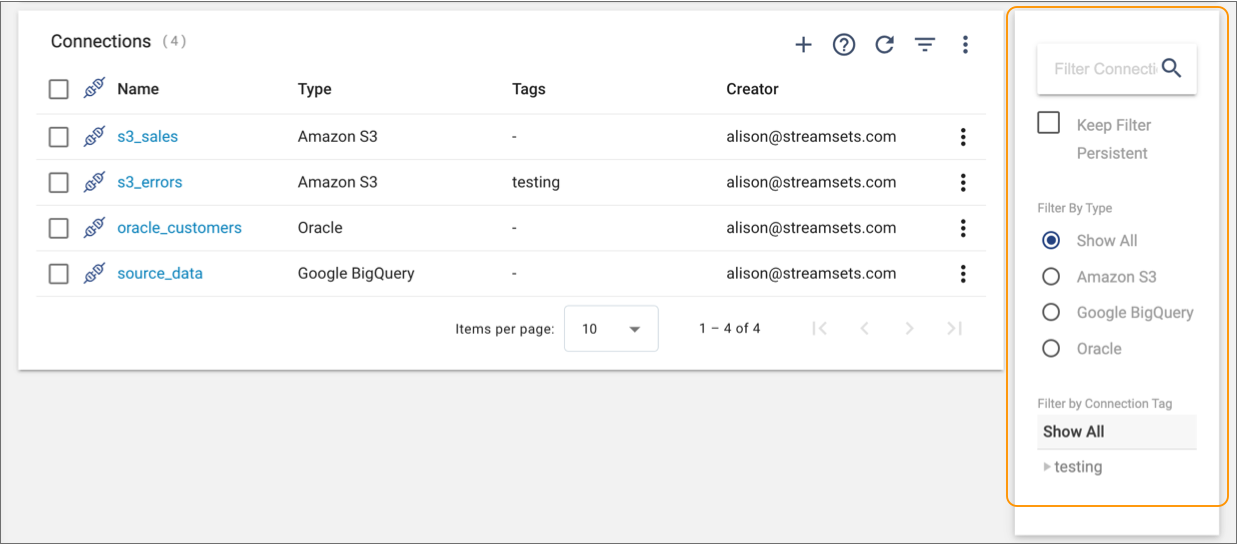 Filter column displayed in the Connections view