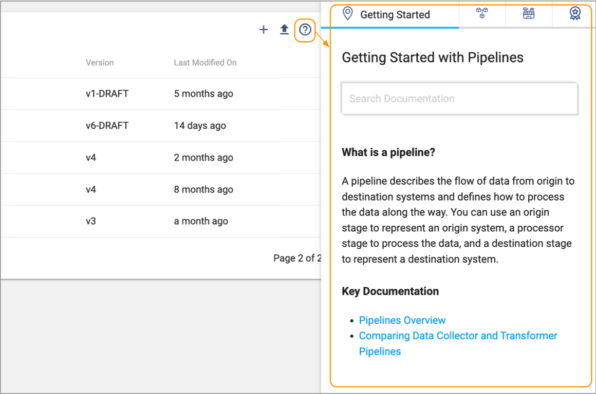 Getting started help topics displayed for the Pipelines view