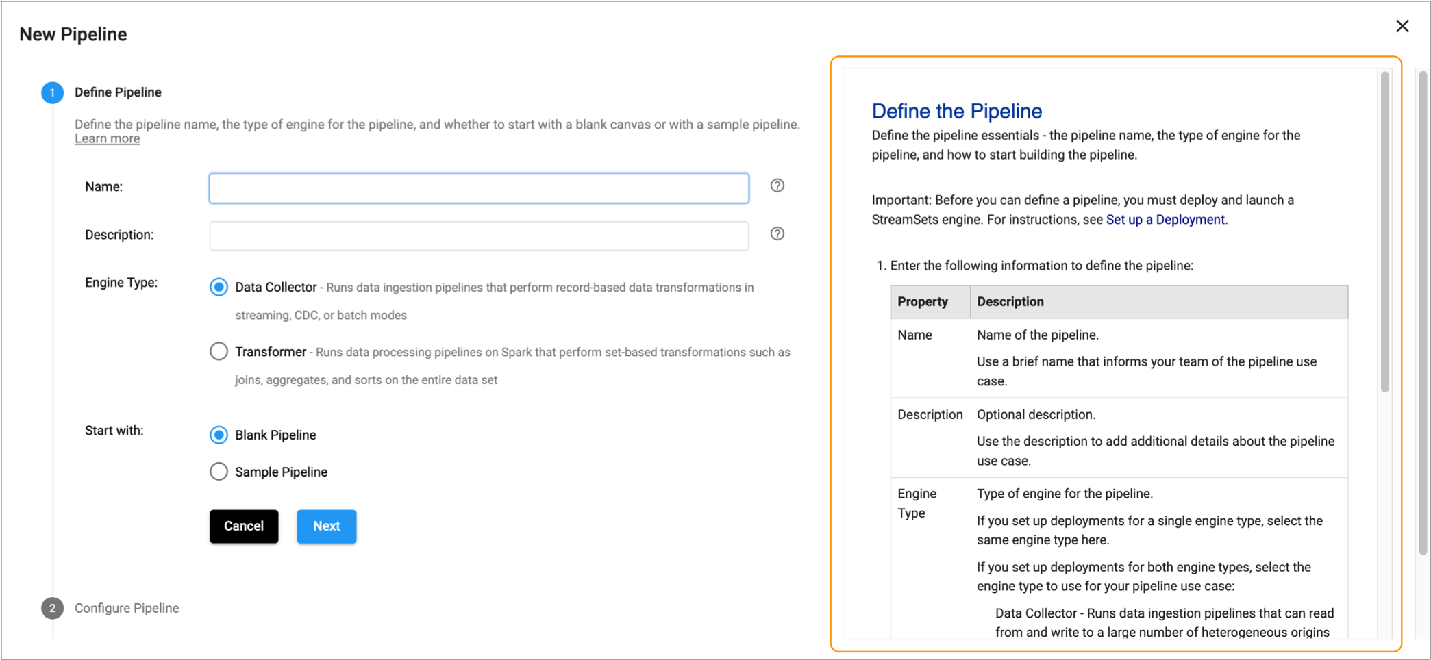 Contextual help displayed in the first step of the pipeline wizard