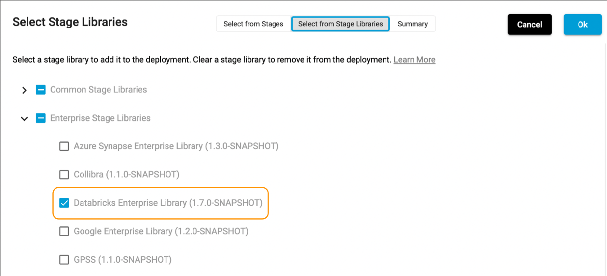Select from Stage Libraries tab with the Databricks Enterprise stage library selected