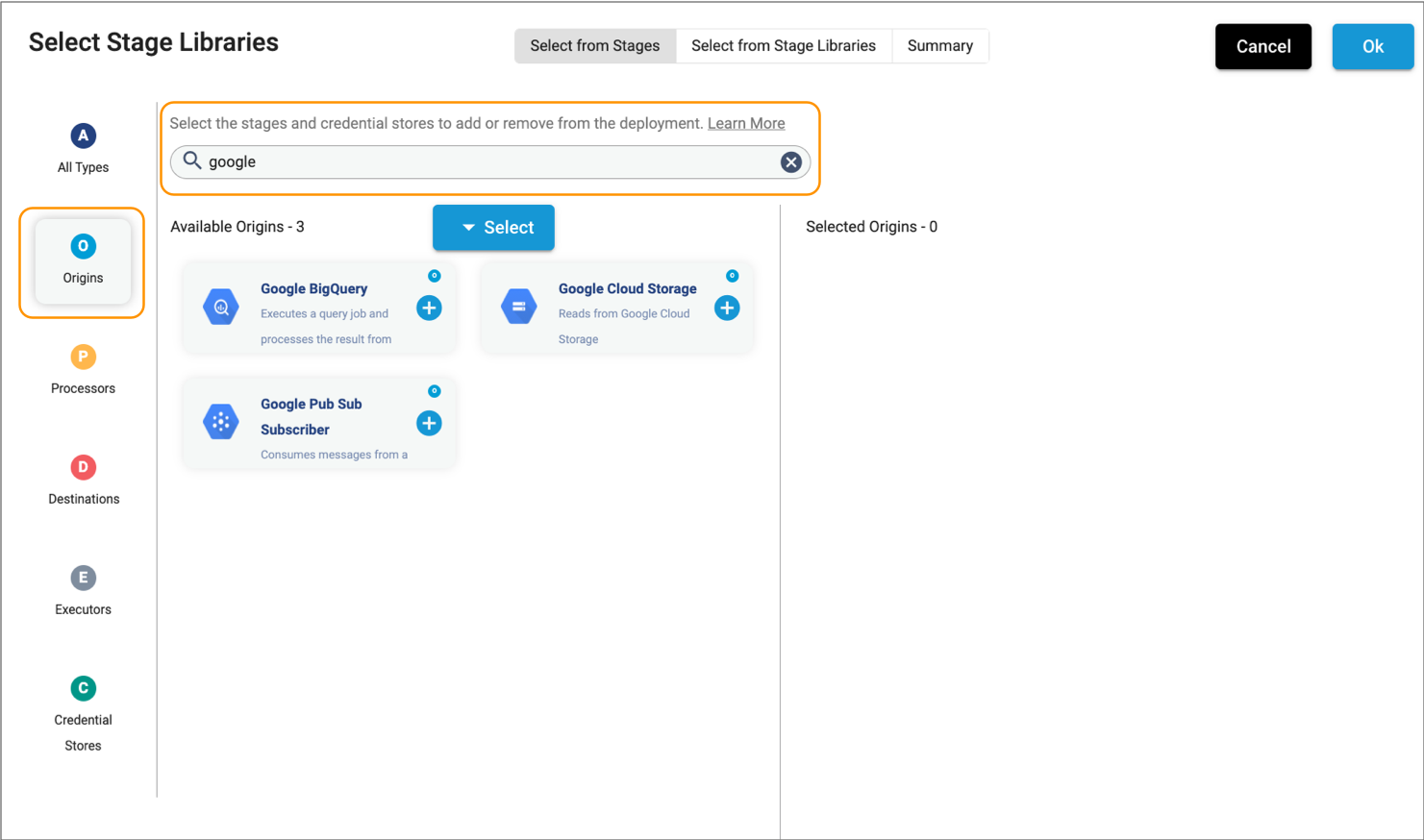 Select from Stages tab that filters the lists by origins and searches for origins that contain google in the name