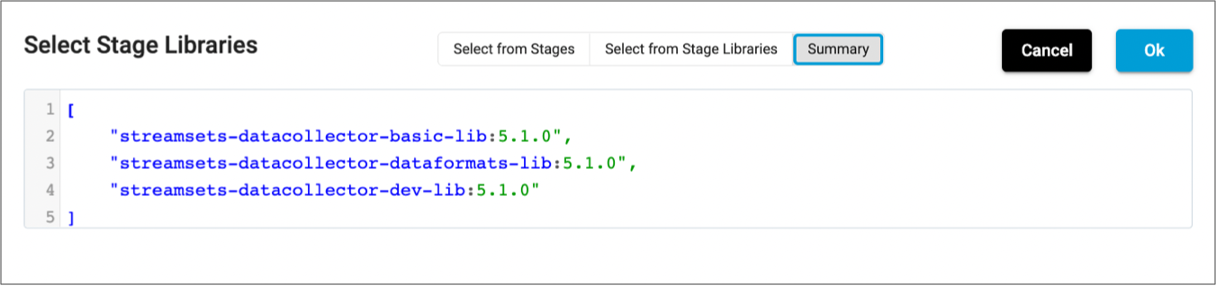 Summary tab displaying the default Data Collector stage libraries