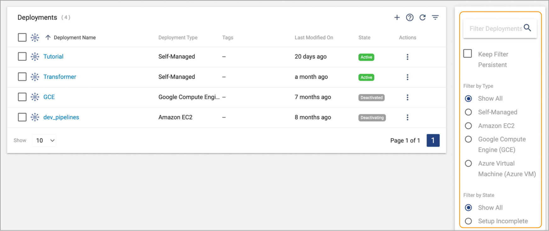 Filter column displayed in the Deployments view