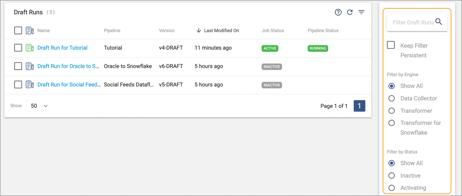 Filter column in the Draft Runs view