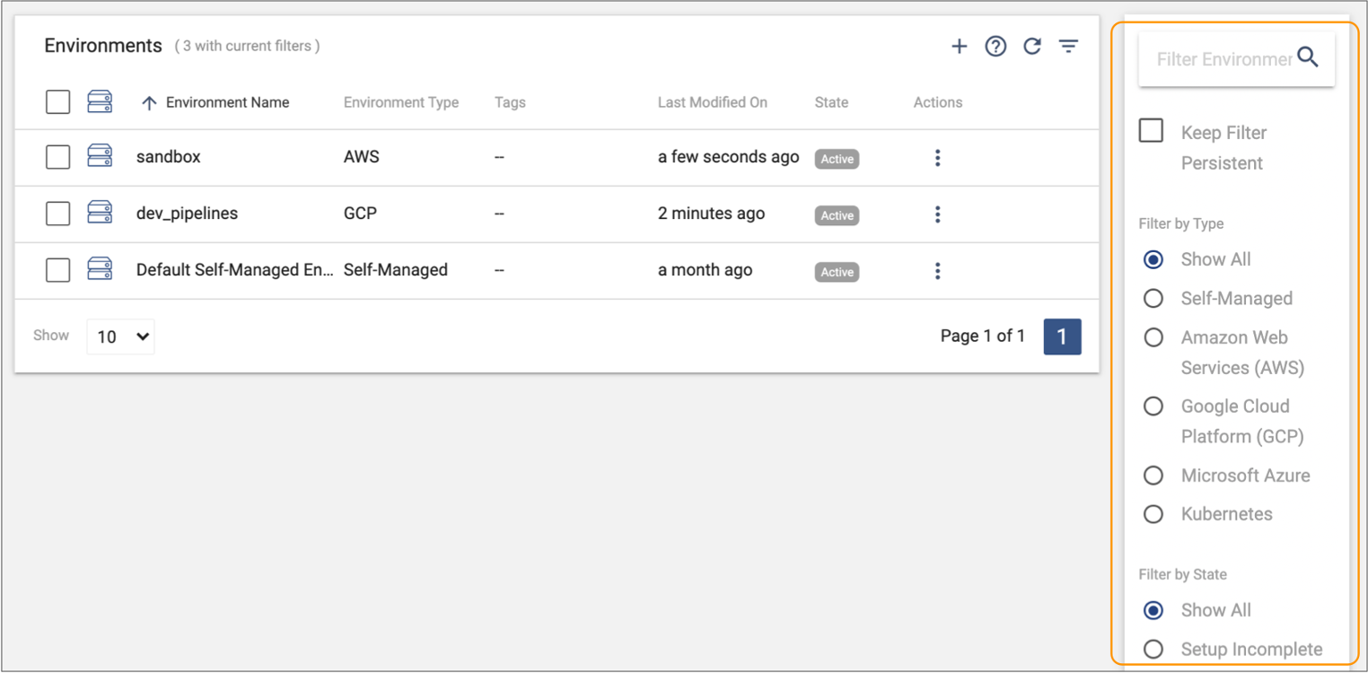 Filter column displayed in the Environments view