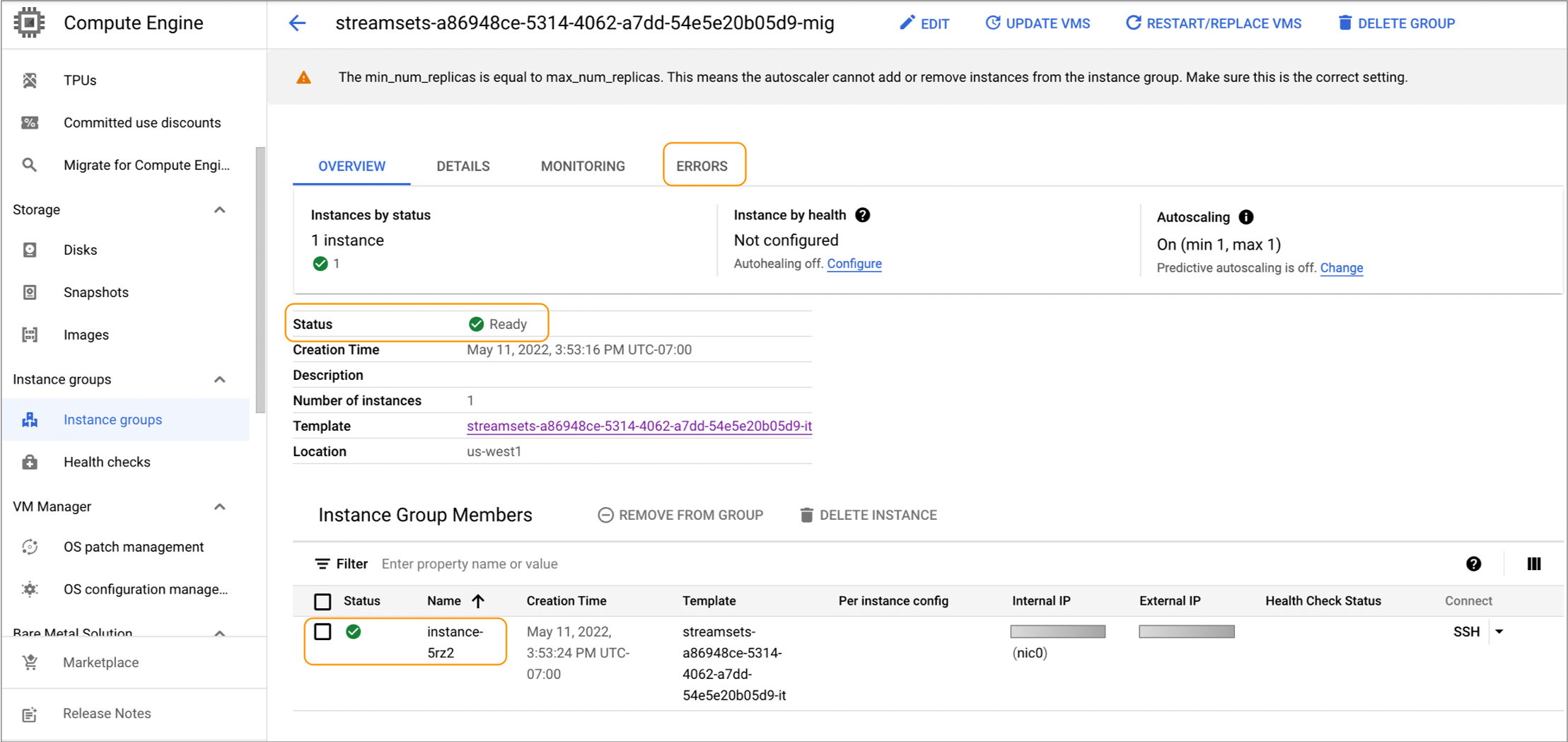 Instance group with a Ready status that includes one VM instance