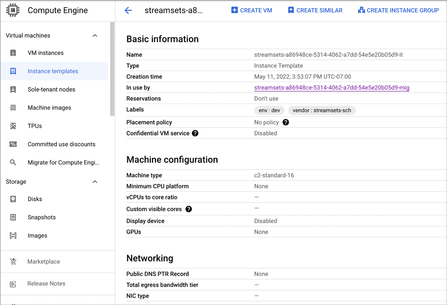 Instance template details in the Google Cloud Console