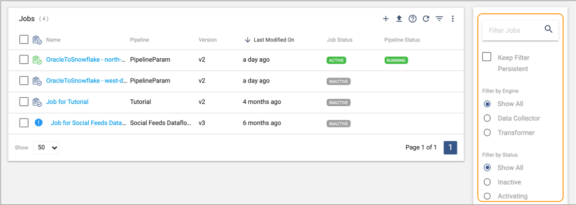 Filter column in the Job Instances view