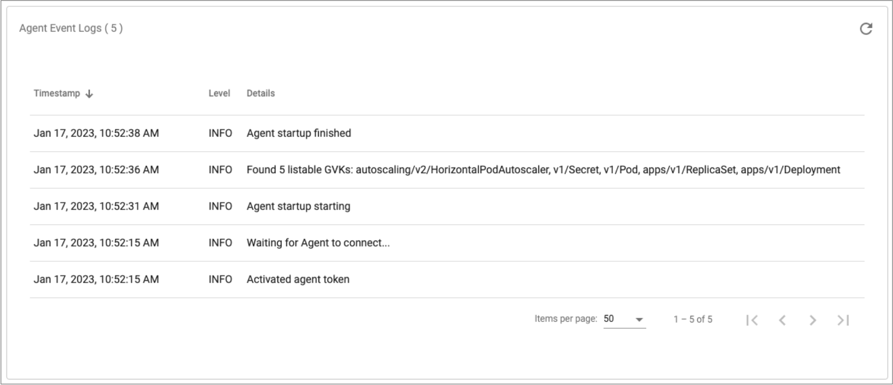 Sample event logs displayed for a Kubernetes agent