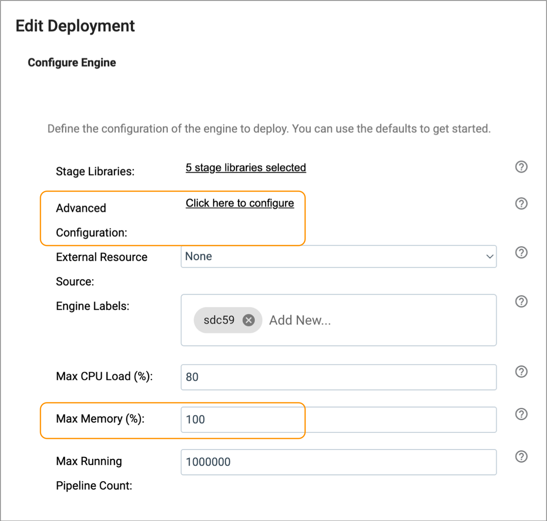 Java heap size and memory resource threshold locations in the Configure Engine step for a deployment