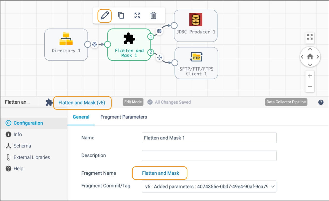 Links to edit a fragment when designing a pipeline