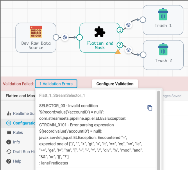 Validation error messages displayed for the pipeline