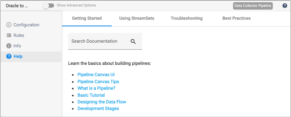 Getting started help topics displayed for a Data Collector pipeline