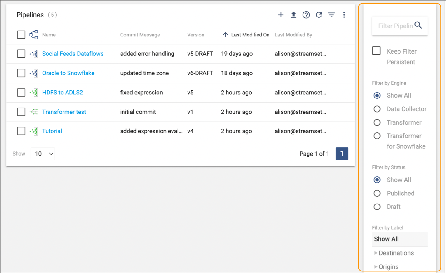 Filter column in the Pipelines view