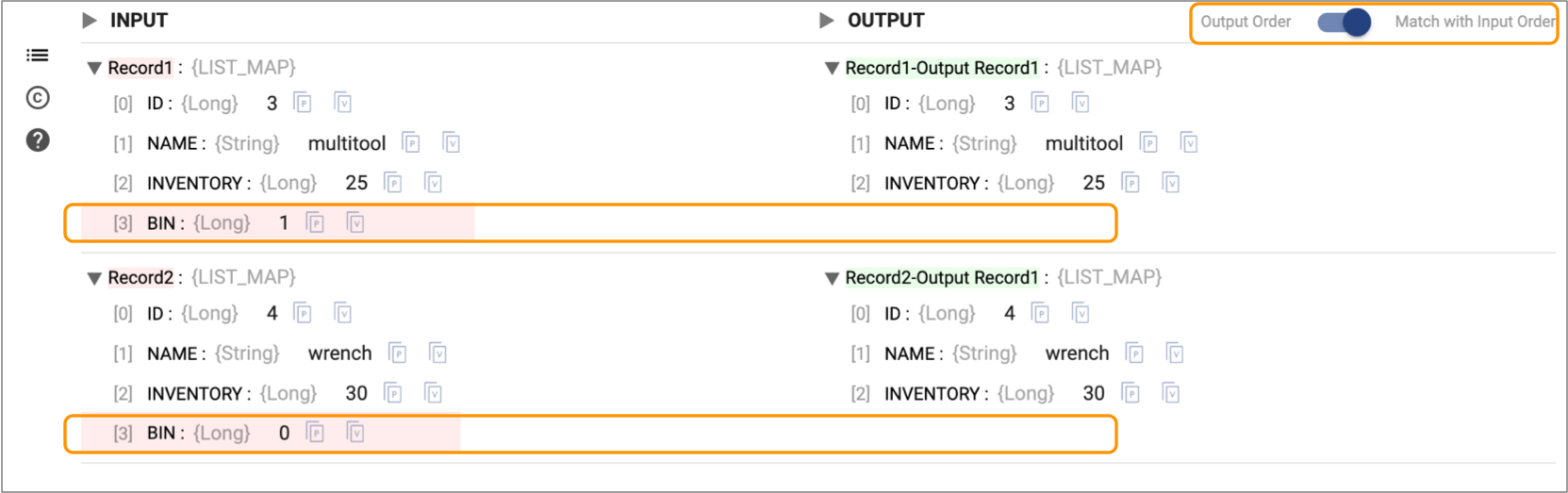 Output records displayed in the order that corresponds with the input records