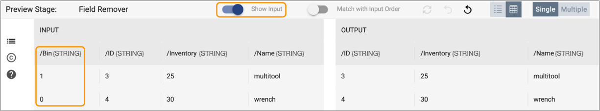 Show Input switch displaying both input and output data in table view