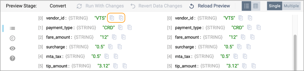 Copy icons displayed for each field in the previewed records