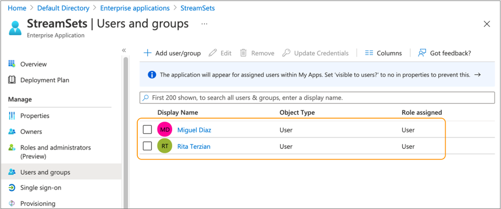 Two users assigned to the enterprise application